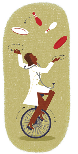 Illustration: woman doctor on unicycle juggling plates and bowling pins